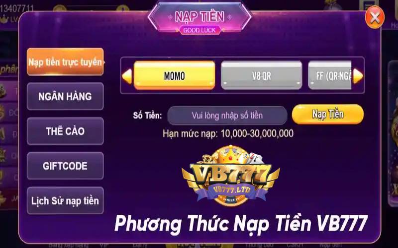 Các hình thức nạp tiền tại cổng game Vb777