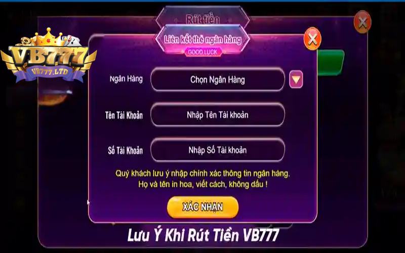 Lưu ý khi thực hiện rút tiền tại VB777